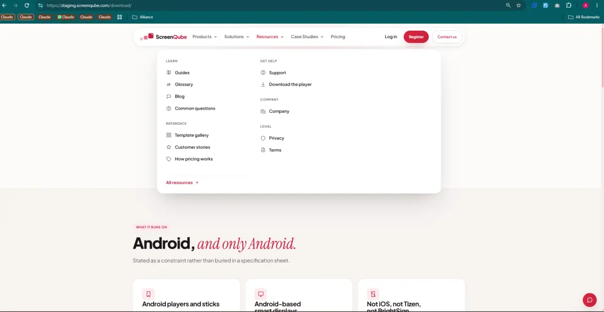 The ScreenQube website in Chrome with the Resources menu open, showing Download the player under Get help