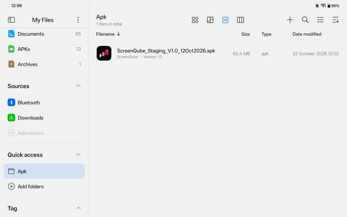 My Files open on the Apk folder, listing the downloaded ScreenQube APK file