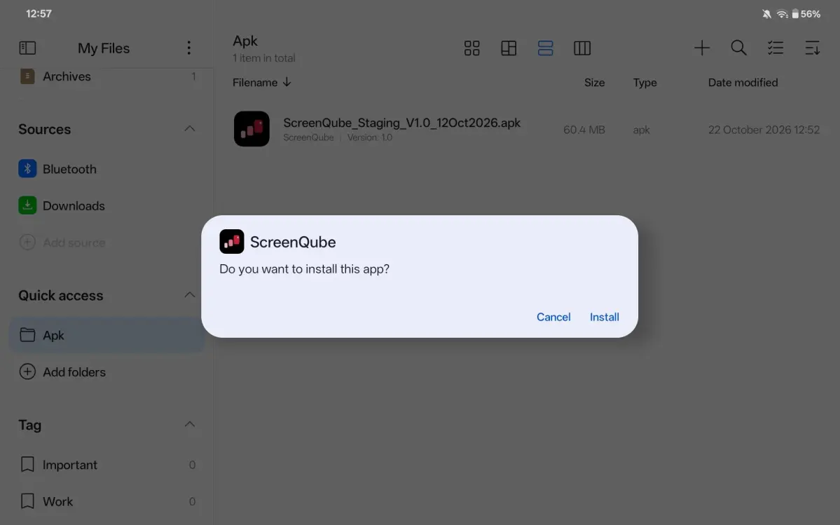 The ScreenQube prompt “Do you want to install this app?”, with Cancel and Install