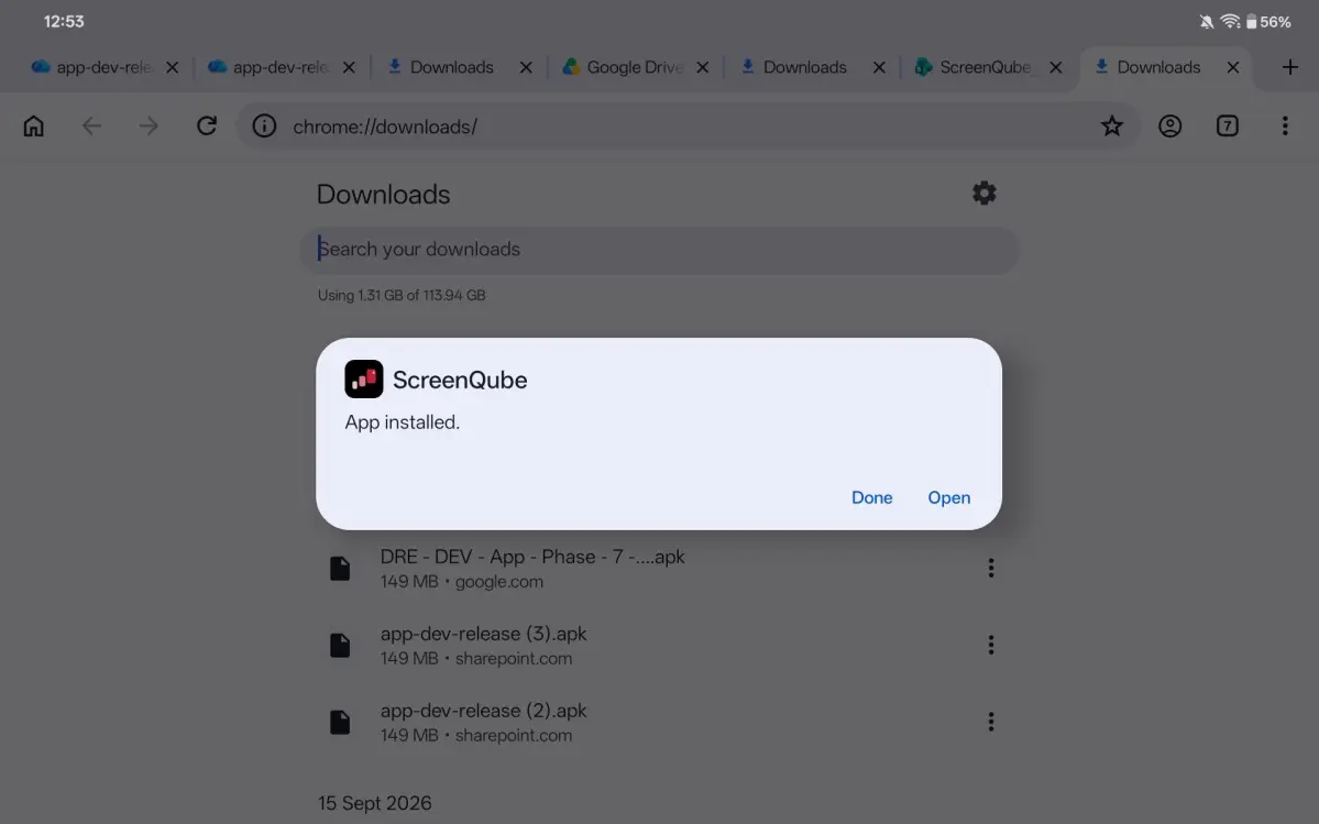 The ScreenQube “App installed.” message, with Done and Open