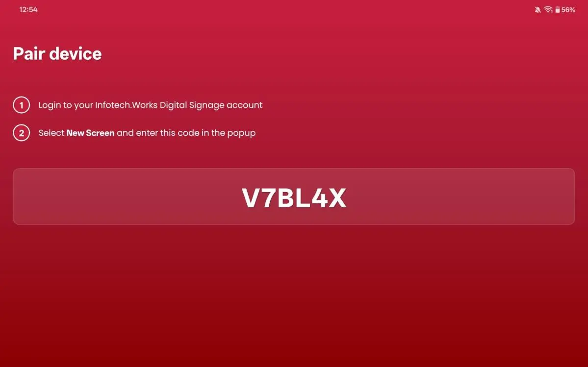 The ScreenQube Pair device screen showing the six-character code V7BL4X