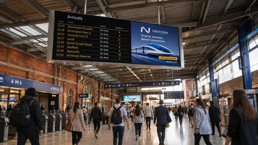 An arrivals board listing train times and platforms above a busy station concourse.