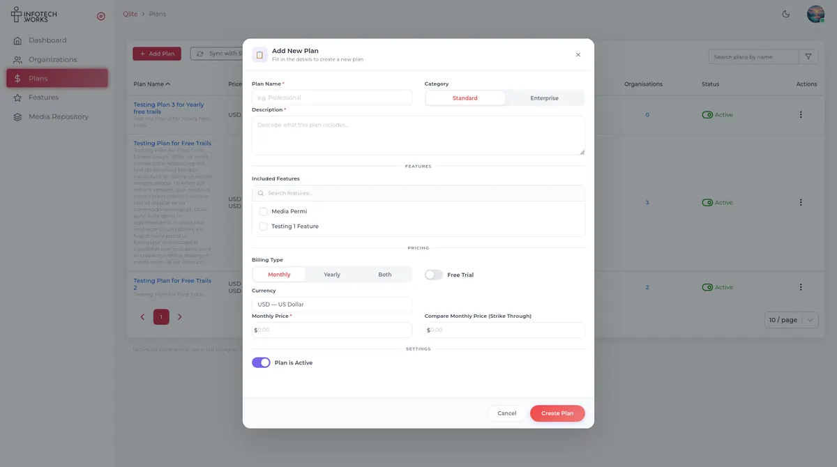The Add New Plan dialog, with plan name, category, included features, billing type, currency, monthly price, compare price, free trial and active toggles.