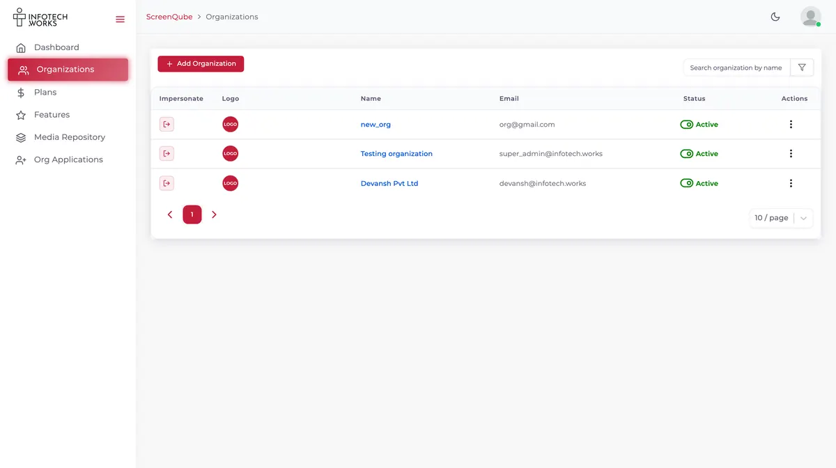 A list view in the console with search, filtering and per-row actions.