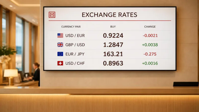 An exchange rate board listing four currency pairs with buy rates and the day's change.