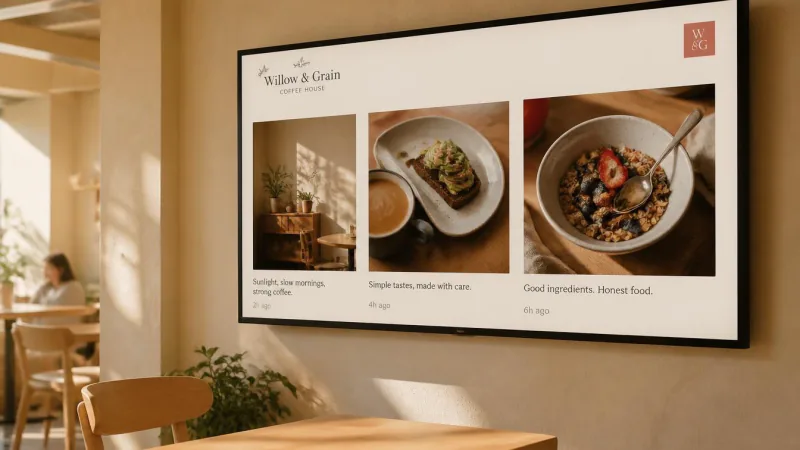 A cafe screen showing three posts from its own social feed, each with a caption and how long ago it was posted.