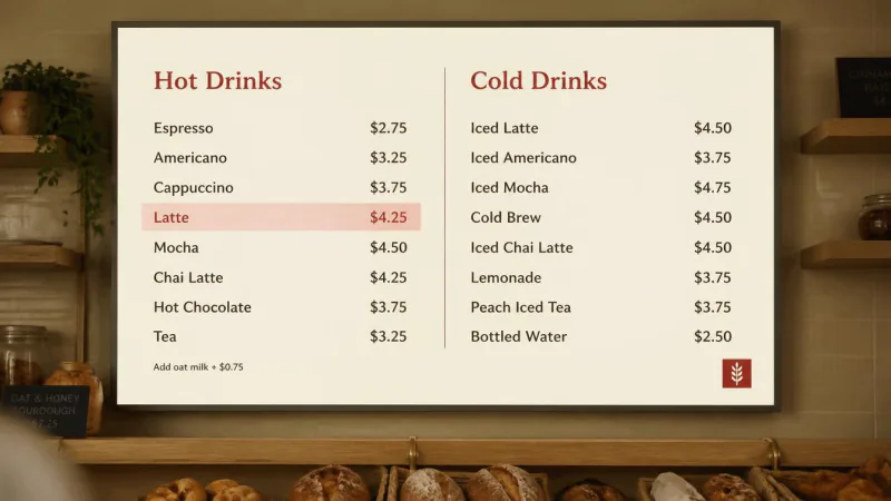 A cafe menu board screen listing hot and cold drinks with prices, one row highlighted.