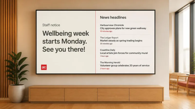 A screen split between a staff notice and a news headlines panel listing four stories with timestamps.