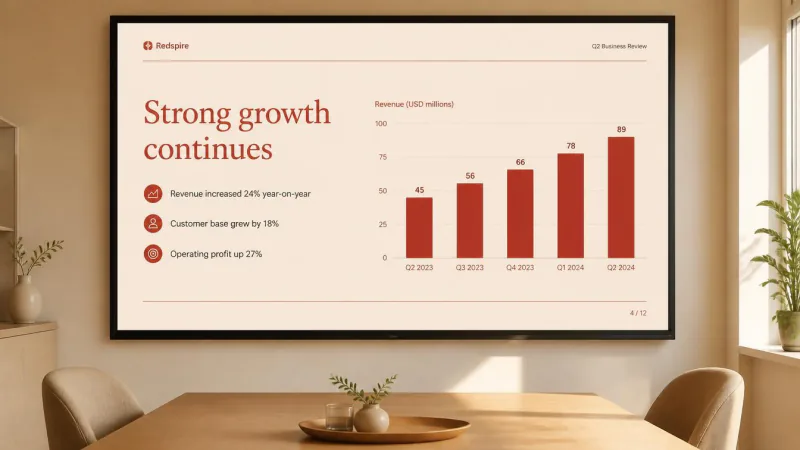 A meeting room screen showing a slide from a quarterly business review, with a revenue bar chart.