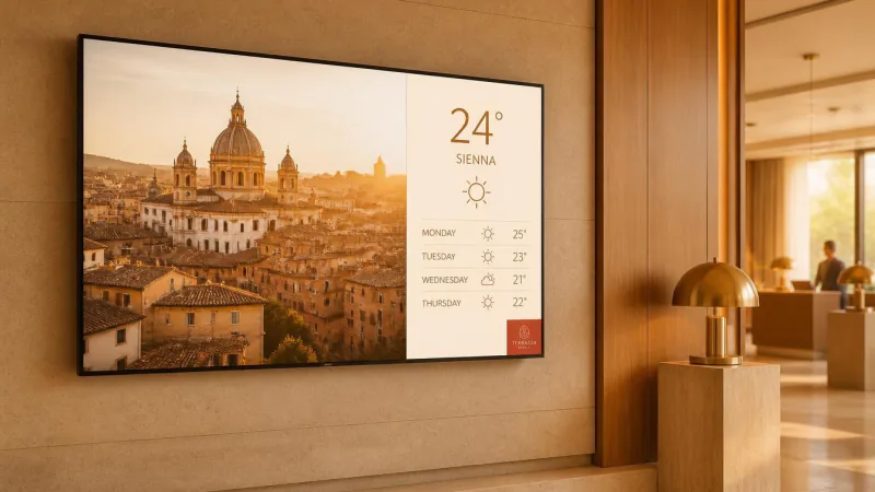 A screen split between a city photograph and a weather panel showing the temperature and a four-day forecast.