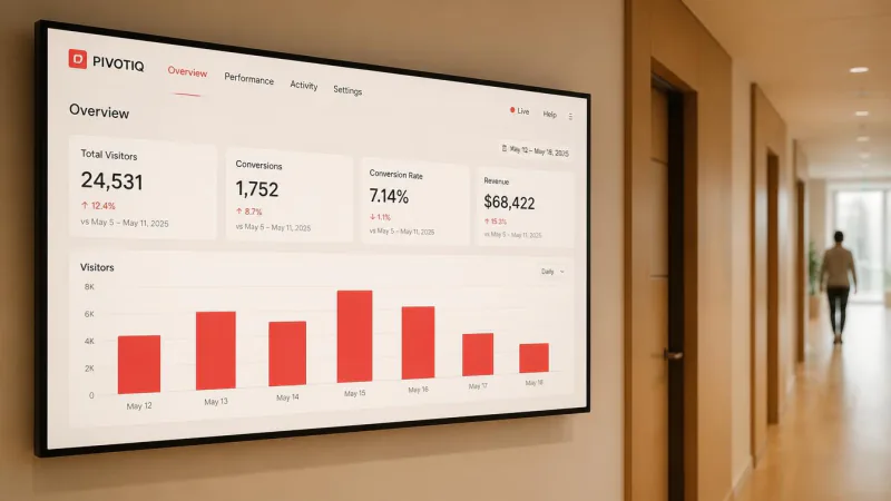 A corridor screen showing a live web dashboard with visitor, conversion and revenue tiles and a bar chart.