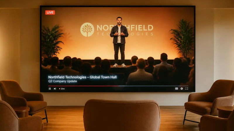 A screen playing a live town hall broadcast, with a live badge and the video title along the bottom.
