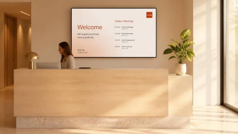 An office reception screen showing a welcome message and the day's meeting schedule.