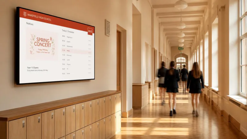 A school corridor screen showing notices and the day's timetable.