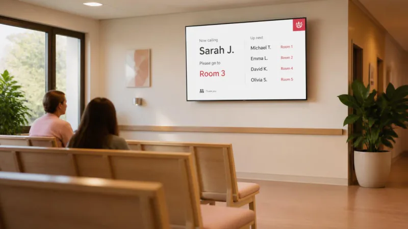 A clinic waiting room screen showing which patient is being called and the room number, with the queue behind.