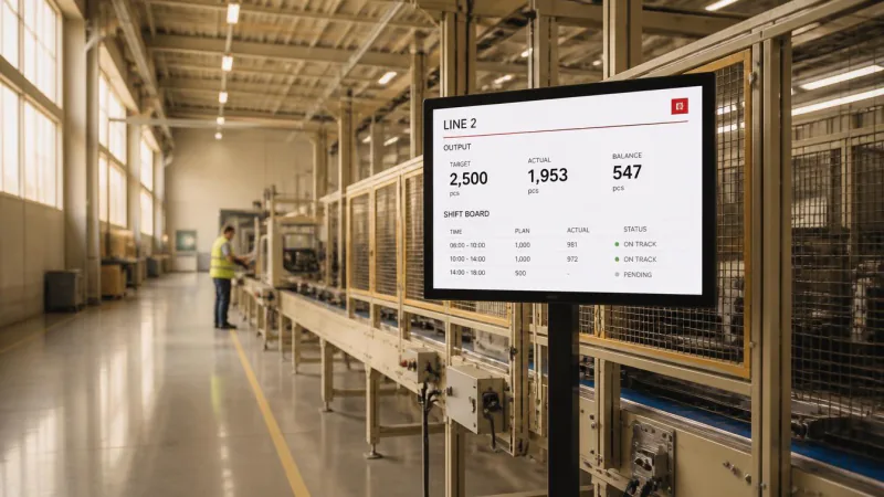 A screen beside a production line showing target and actual output for the shift, with a shift board.