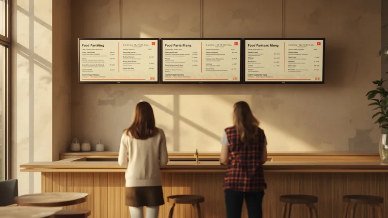 Three menu boards above the counter of a sunlit cafe, listing food and drinks with prices.
