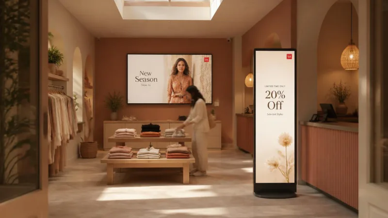 A wall screen showing a new-season campaign and a floor-standing screen showing 20% off, in a warm boutique.