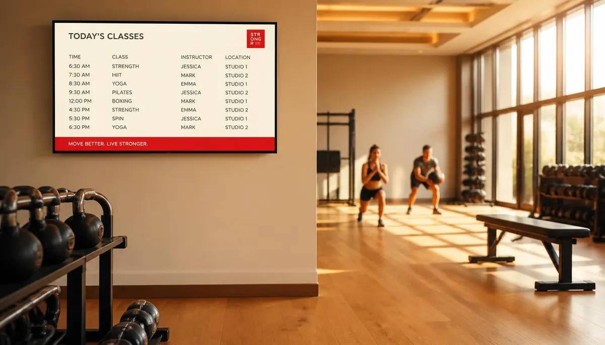 A class schedule screen on a gym wall, with members working out on the floor below.