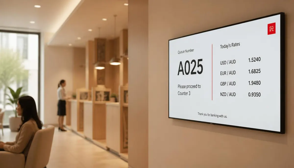 A queue-number and exchange-rate screen on a bank branch wall, with tellers serving customers behind it.