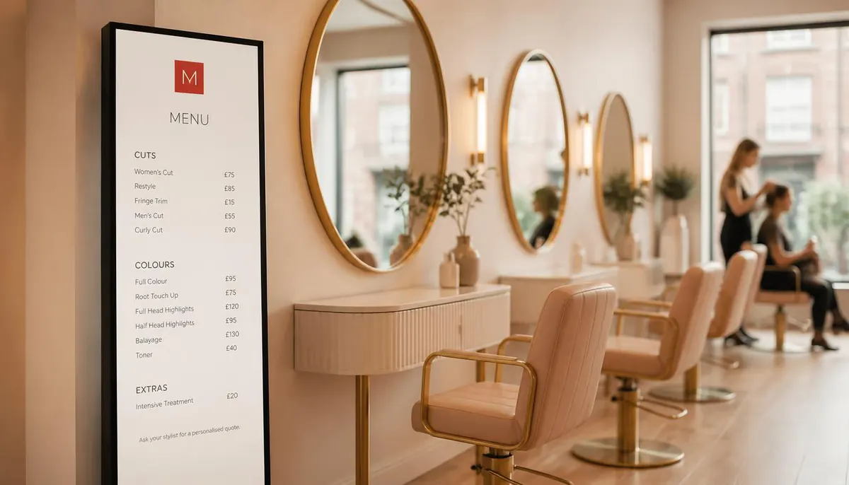 A price-list screen on the wall of a hair salon, beside a row of styling chairs and mirrors.