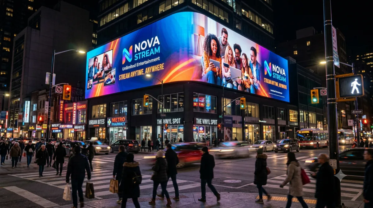 A tall digital advertising screen on a city pavement showing a perfume advertisement, with pedestrians passing in the evening light.