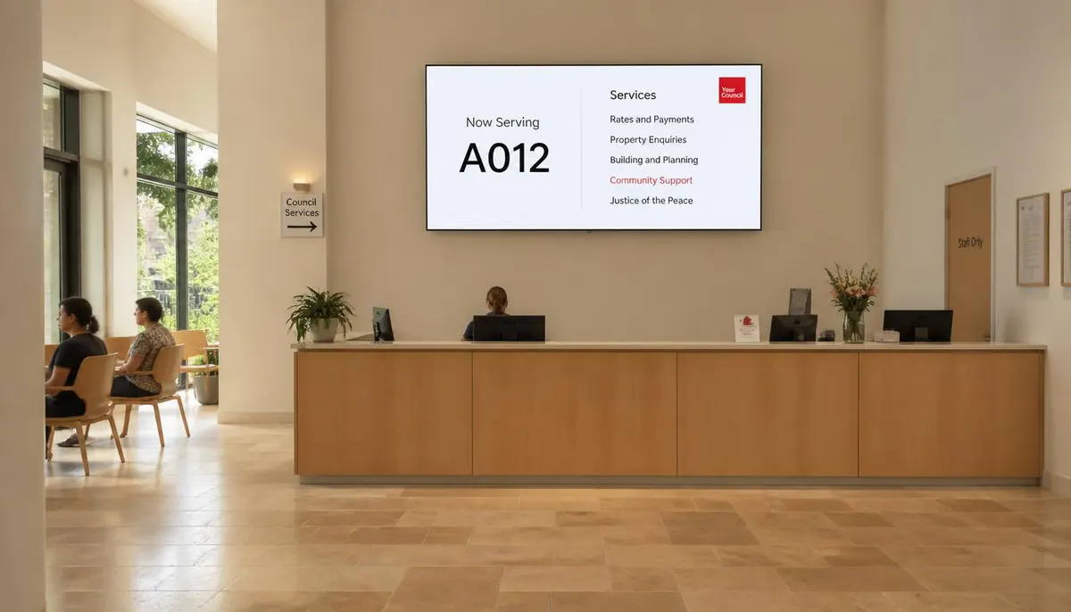 A now-serving screen listing council services above a reception counter, with visitors waiting in the seating area.