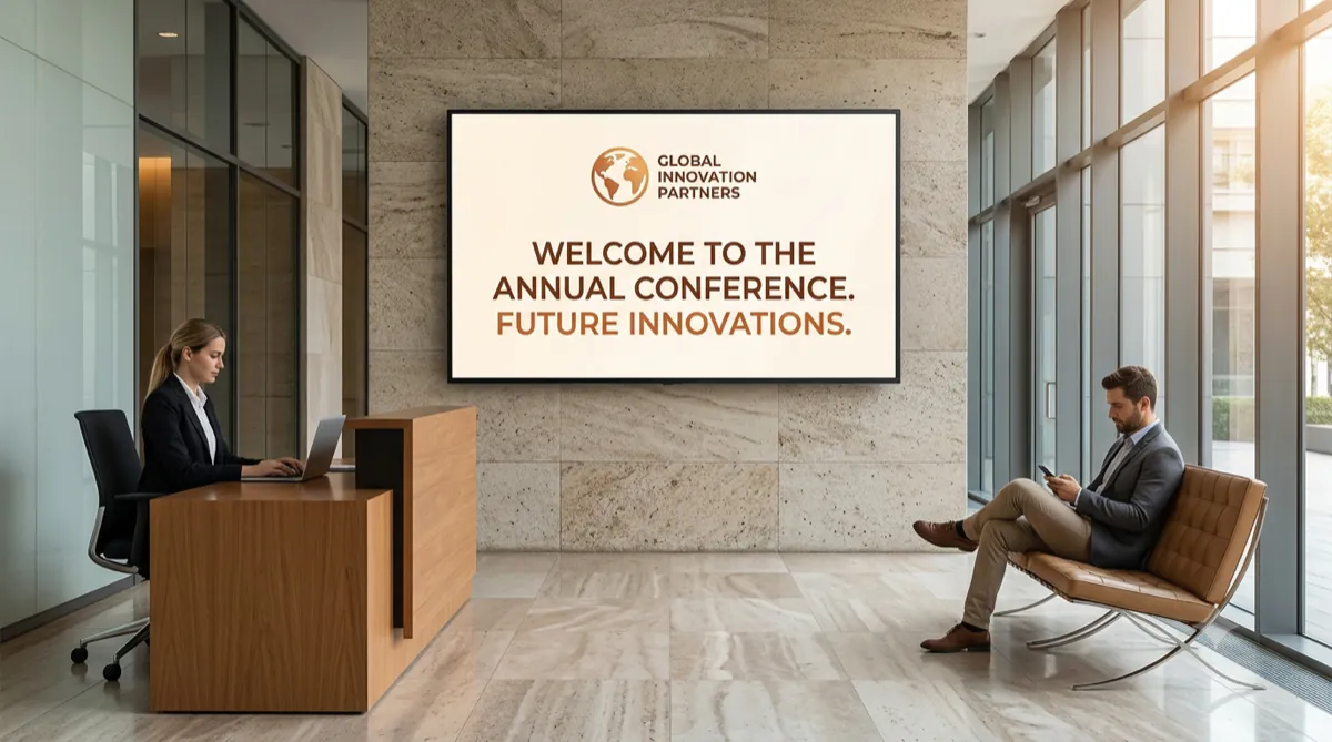 A large lobby screen welcoming visitors to a conference, beside a reception desk and seating.