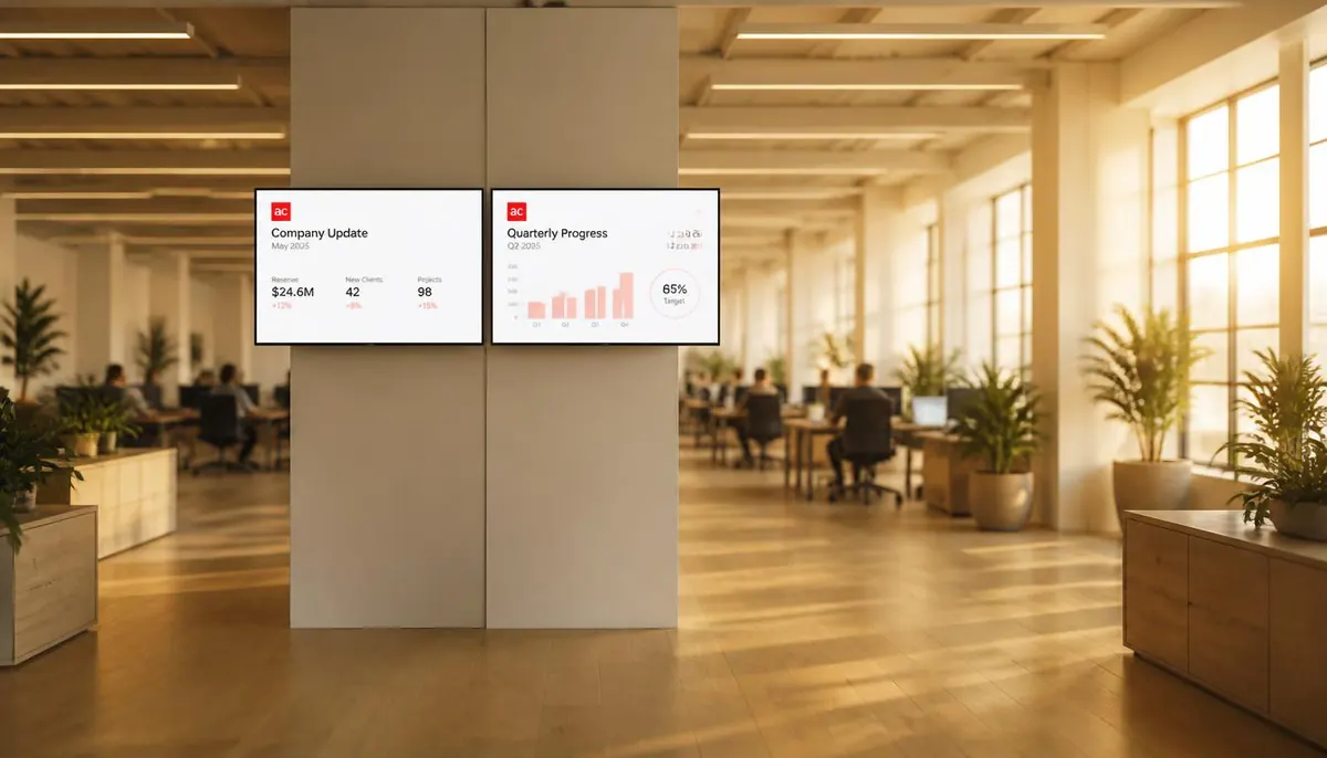 Two wall screens showing company and quarterly performance updates in an open-plan office, with employees working at desks nearby.