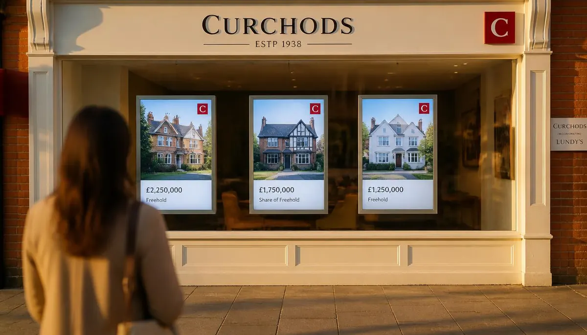 Property listing screens filling an estate agent's shopfront window, as a passer-by looks in.