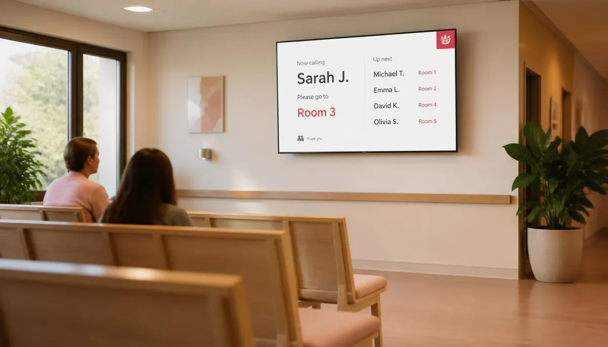 A now-calling screen listing patients and their room numbers in a clinic waiting area, with people seated below.