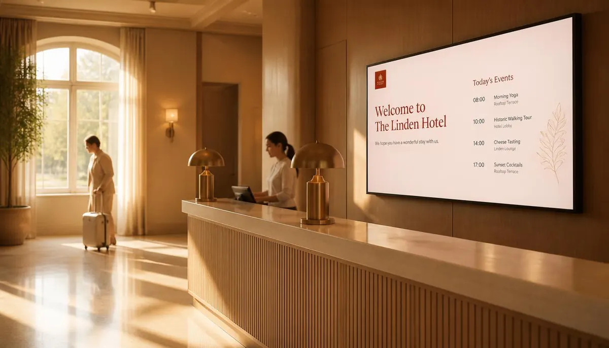 A welcome screen beside a hotel reception desk listing the day's events, as a guest arrives with luggage.