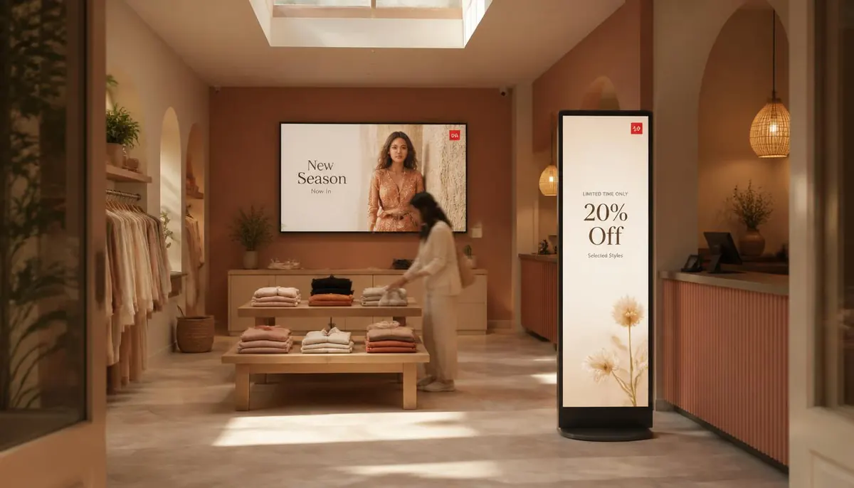 A wall screen advertising the new season beside a totem sign for a seasonal discount, inside a boutique clothing store.