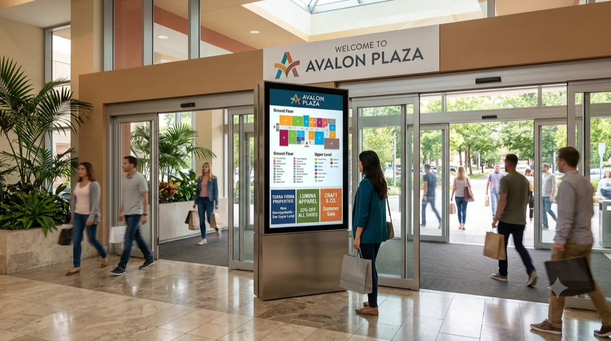 A touchscreen directory at a building entrance showing a floor plan and offers, with people passing.
