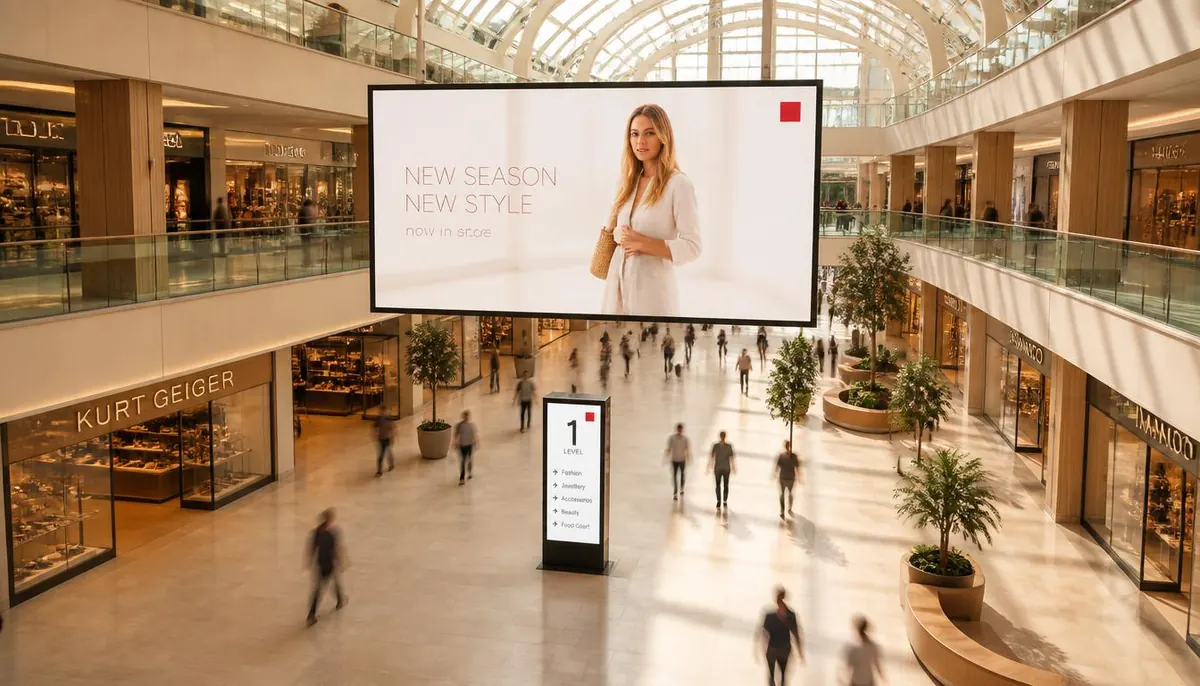 A large advertising screen above a shopping-centre atrium, with a floor directory listing each level, as shoppers walk beneath.
