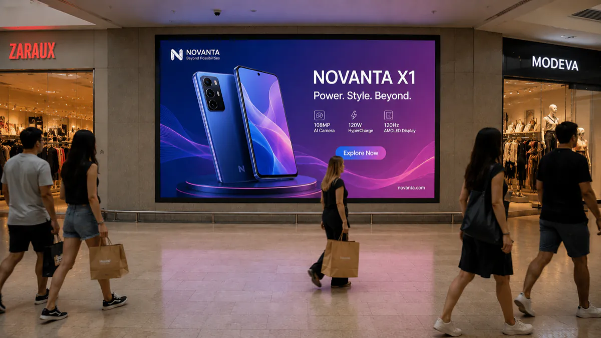 A large LED screen in a shopping centre showing a product campaign, with shoppers walking past.