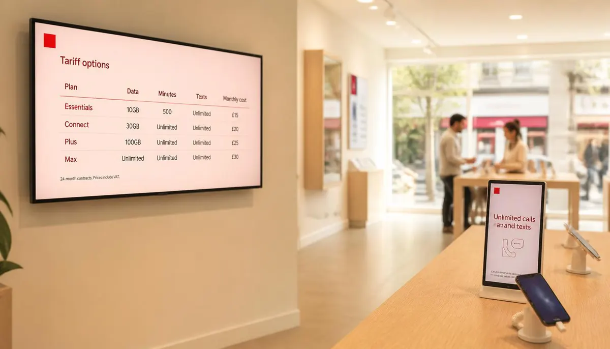 A tariff-plan screen on the wall of a mobile phone store, beside a countertop display and staff helping a customer.