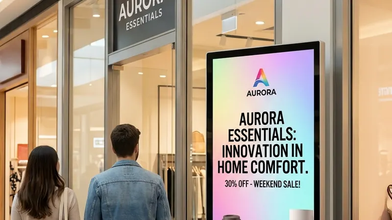 A tall free-standing screen beside a shop entrance in a shopping centre advertising a weekend sale.