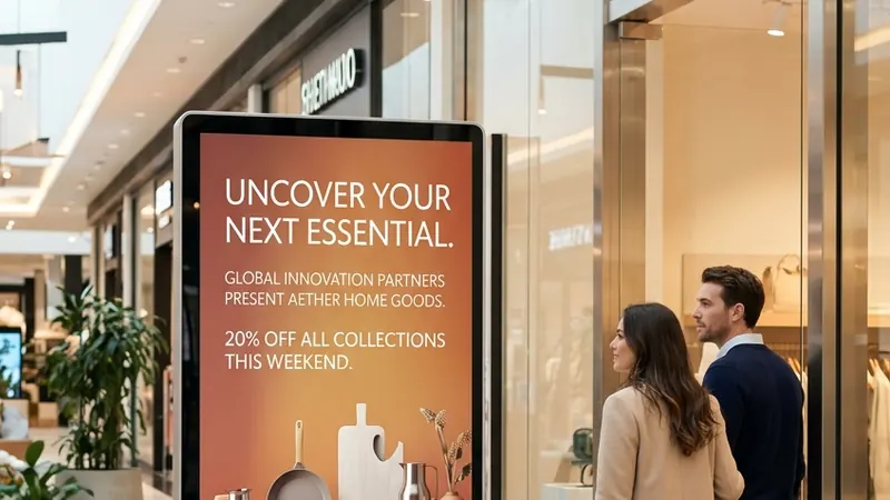 A tall free-standing screen in a shopping centre walkway advertising a homeware range, with shoppers passing.