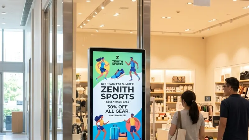 A tall free-standing screen in a shopping centre advertising a sportswear sale, with two shoppers walking past.