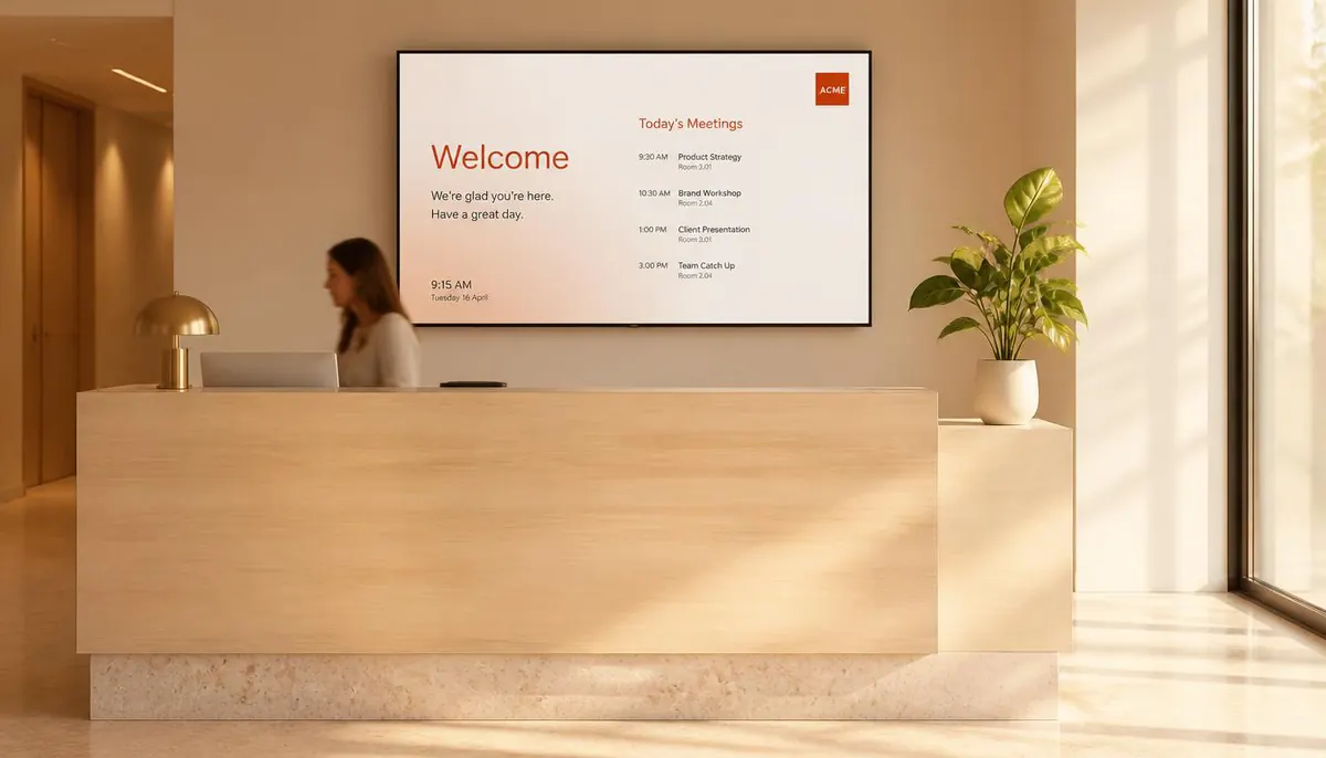 A welcome screen listing the day's meetings above an office reception desk, with a receptionist working below.
