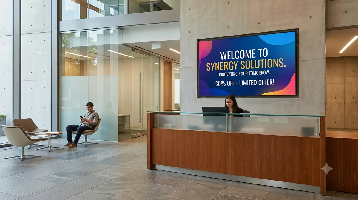 A wide screen on the concrete wall of an office lobby above a reception desk, showing a branded welcome.
