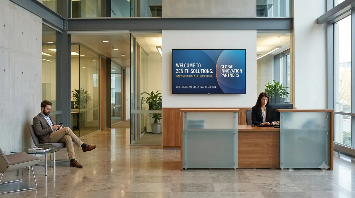 A wide screen above an office reception desk showing a welcome message, with a visitor waiting nearby.