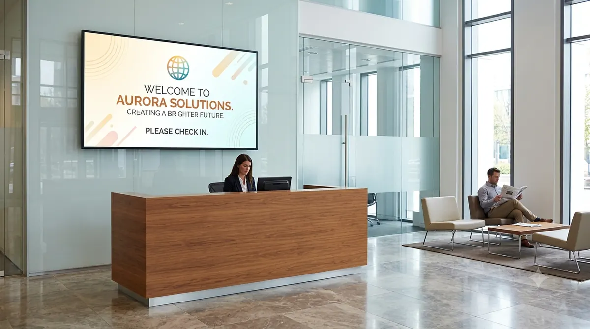 A screen above a reception desk asking visitors to check in, with a receptionist working below.