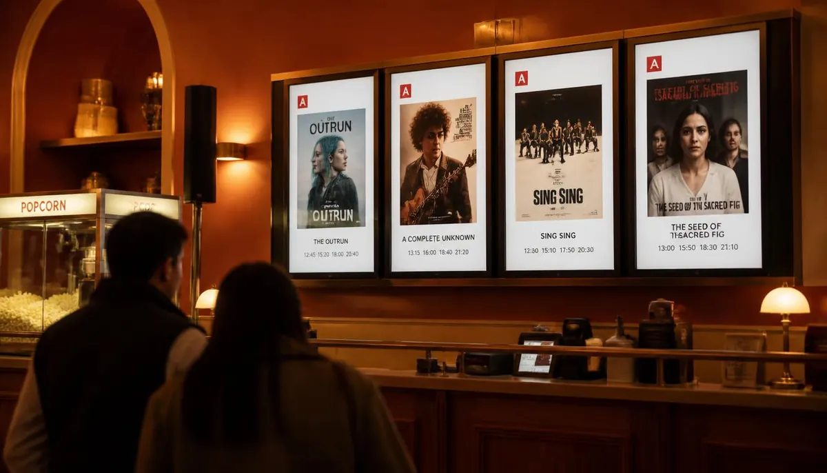 Showtime screens above a cinema concession counter, with two visitors reading them.