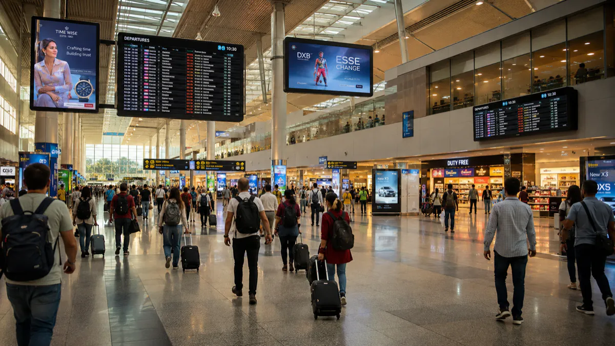 Departure boards and advertising screens hanging above a busy airport terminal concourse, with travellers passing beneath.