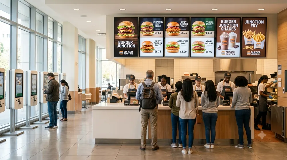 Three digital menu boards above a drinks counter, showing the drinks on sale.